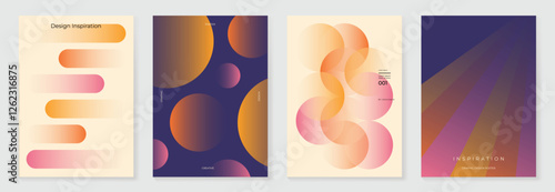 Collection of 70s color gradient poster background vector. Set of retro wall decoration, groovy, trippy, geometric shape. Vintage hippie wall art for interior, decorative, banner, cover, card.