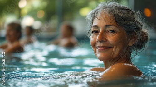Joyful elderly woman enjoying relaxation in indoor swimming pool with friends in a tranquil setting