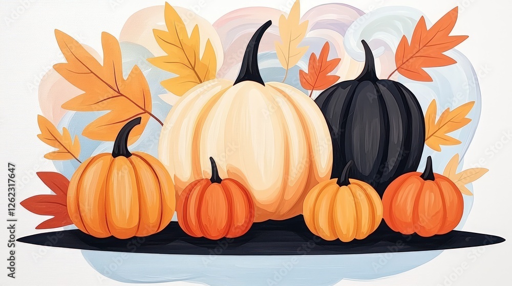 Naklejka premium Autumn Harvest Pumpkins Fall Leaves Thanksgiving Illustration