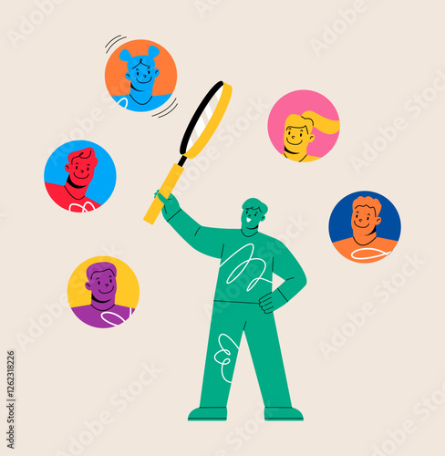 Man with magnifying glass look at job candidates. Search for employees. Colorful vector illustration