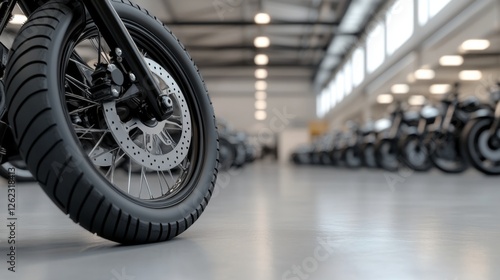 Motorcycle tire close-up, showroom background