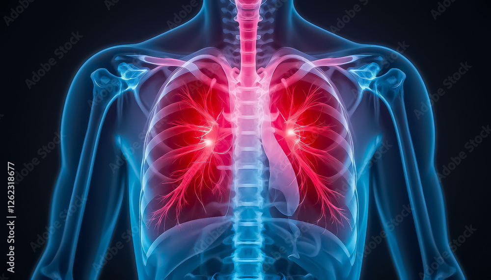 x ray of human lungs is red due to pneumonia. X-ray photo image of chest. X-ray lungs radiography. Human Respiratory System Anatomy x ray of human lungs is red due to pneumonia. X-ray photo image of chest. X-ray lungs radiography. Human Respiratory System Anatomy