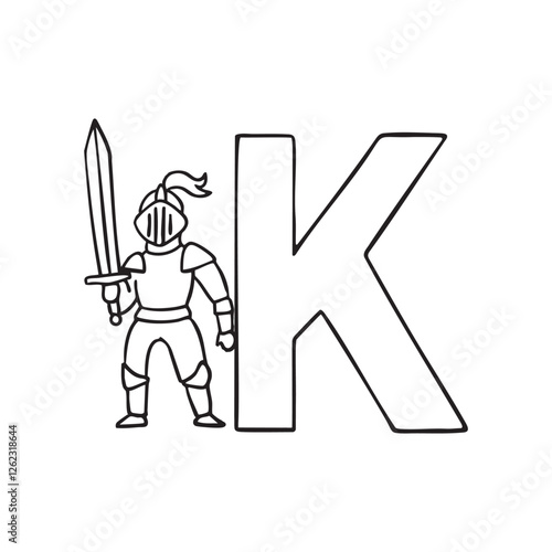 An illustration of knight beside letter K