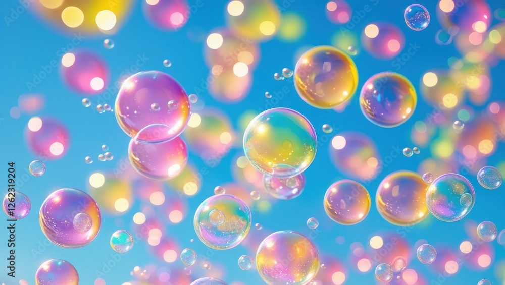 Colorful Soap Bubbles Floating Against a Clear Blue Sky Background Colorful Soap Bubbles Floating Against a Clear Blue Sky Background