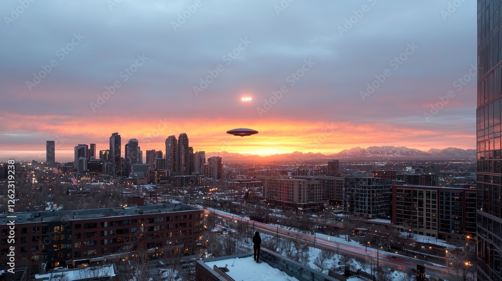 Fototapeta premium UFO Sightings over City Skyline at Sunset