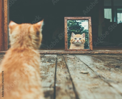 A cat stands before the mirror, its reflection revealing a powerful lion, inspiring strength and courage photo