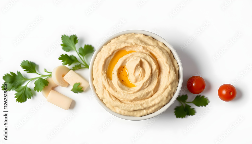 Sample of delicious hummus isolated on white, top view, pop art. with white shades