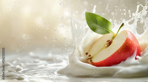 Red apple fruit and realistic milk yogurt splash wave. Isolated 3d vector fresh and juicy apple slice in splash of milk or yogurt. Advertising promo of healthy eating, food and dairy beverage products photo