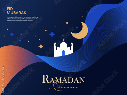 Ramadan Kareem poster, card, holiday cover or web banner. Modern beautiful gradient design with mosque, moon crescent and stars in the night sky. Eid Mubarak luxury minimalist template