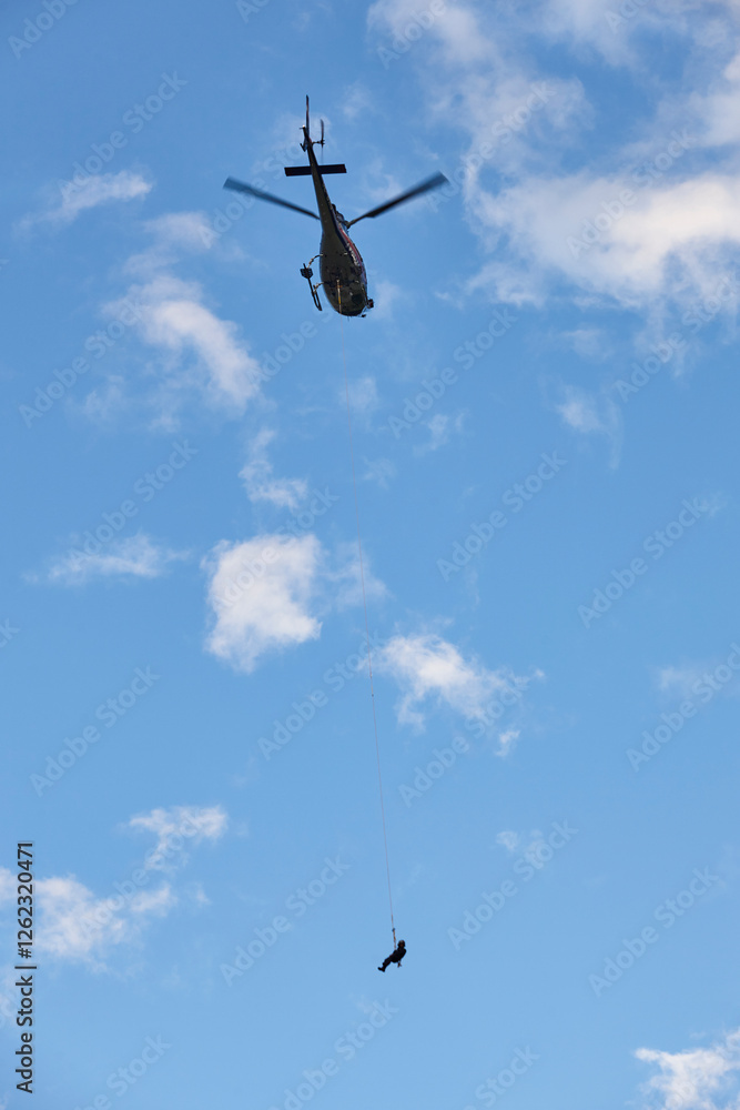 Helicopter rescue team training simulation. Austria police division