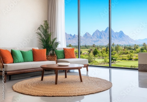 Modern Living Room with Mountain View and Large Windows photo