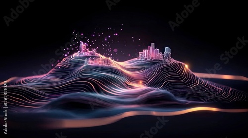 Futuristic Cityscape on Glowing Hills  Abstract Digital Art