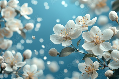A spring scene with fresh flowers on a blue backdrop