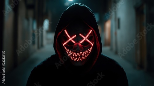 A futuristic, hooded figure with a glowing neon mask and red X eyes stands menacingly in a dark cyberpunk environment. 
