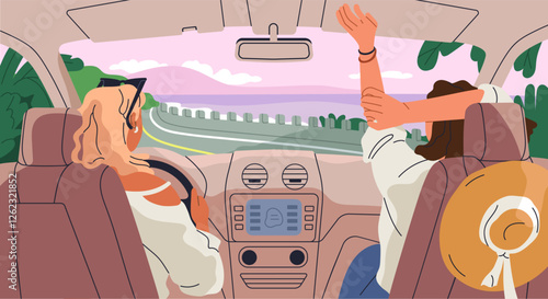 Girls travel by car along sea coast. Road trip, vacation adventure with nature landscape view from window, windshield, inside. Friends in journey. Flat vector illustration isolated on white background