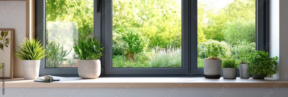 Windowsill Plants And Garden View A Sunny Day Windowsill Plants And Garden View A Sunny Day