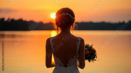 Sunset wedding celebration with bride holding bouquet by the serene lake