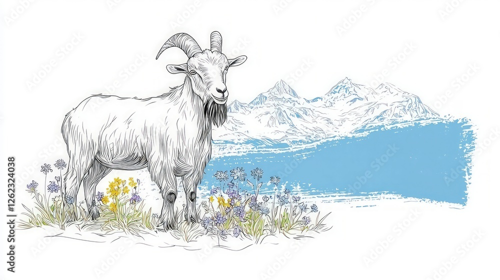 Obraz premium Majestic Goat in Alpine Meadow Mountain Landscape Illustration