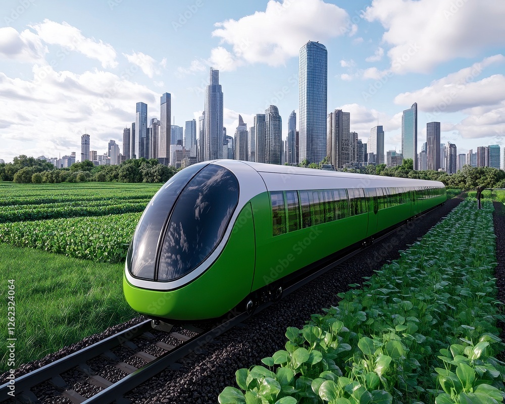 Naklejka premium Green High Speed Train in Lush Field Approaching Modern City