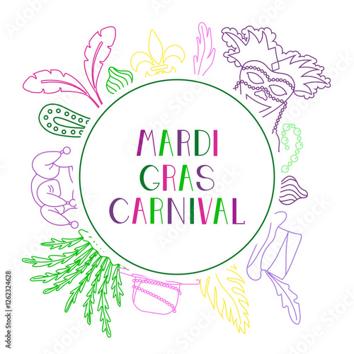 Vector background with text in a circle with elements for Mardi Gras carnival in doodle style. Image of masks, hats with feathers and beads for logos. photo