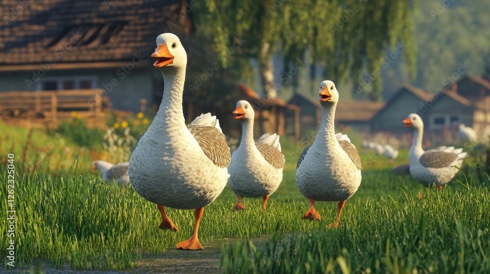 Walking Geese in Grassy Farmyard Walking Geese in Grassy Farmyard