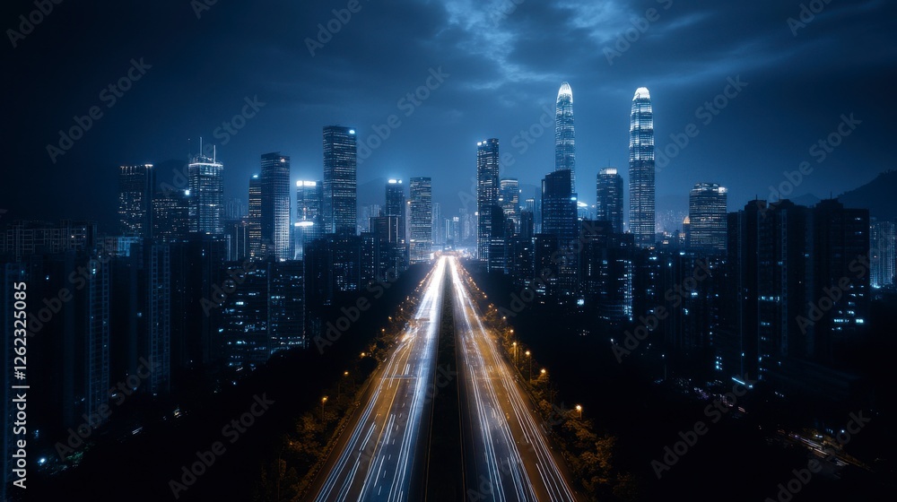 Fototapeta premium Night Cityscape Aerial View Illuminated Skyscrapers and Traffic on a Straight Road