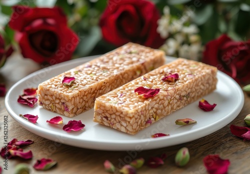 Wallpaper Mural Delicious traditional sweet made with sesame, garnished with rose petals, against a backdrop of fresh red roses and greenery for culinary delights Torontodigital.ca