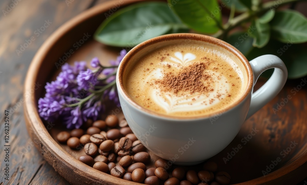Coffee cup with heart design, flowers, and beans Coffee cup with heart design, flowers, and beans