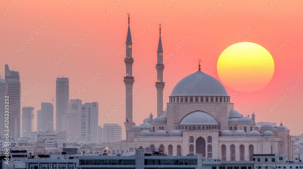 Obraz premium Majestic Mosque Sunset Cityscape Silhouette Islamic Architecture Golden Hour