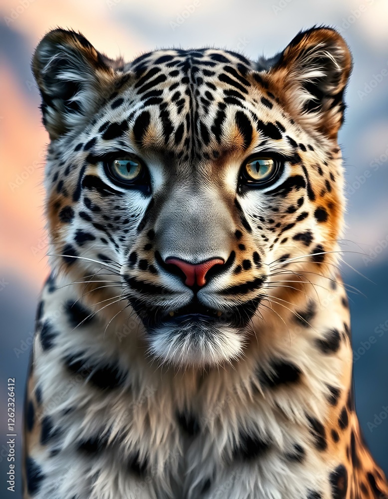 Fototapeta premium Male Snow Leopard with Intense Gaze and Detailed Fur Texture