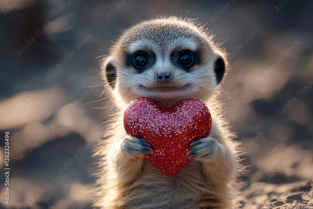 Fototapeta premium Ad animal graphic artwork. Cute meerkat baby with sparkling rhinestones red heart on in a natural habitat. Meerkat - my treasured animal. Love and care in the forest. Heart-shaped fur pattern.