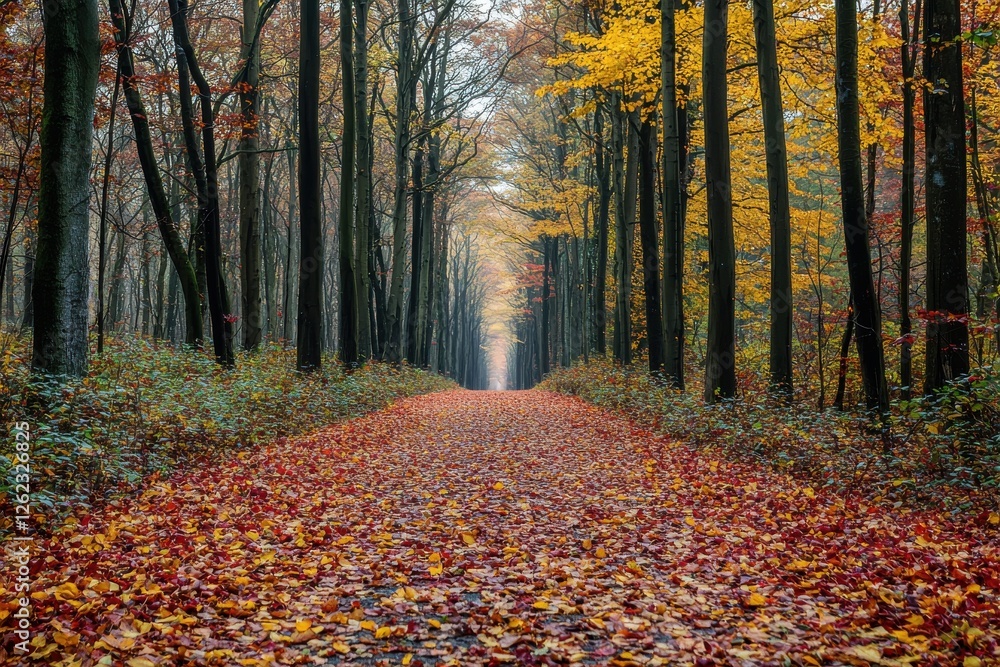 A mesmerizing autumn pathway stretches through a dense forest, adorned with a vibrant carpet of colorful fallen leaves, creating a picturesque and tranquil scene. A mesmerizing autumn pathway stretches through a dense forest, adorned with a vibrant carpet of colorful fallen leaves, creating a picturesque and tranquil scene.