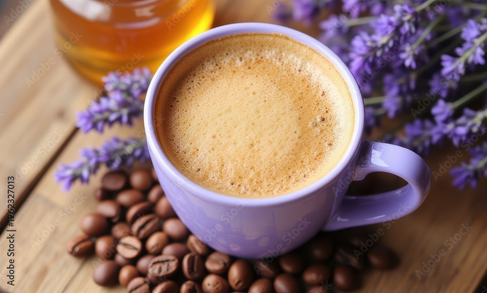 Purple coffee cup with beans and flowers Purple coffee cup with beans and flowers