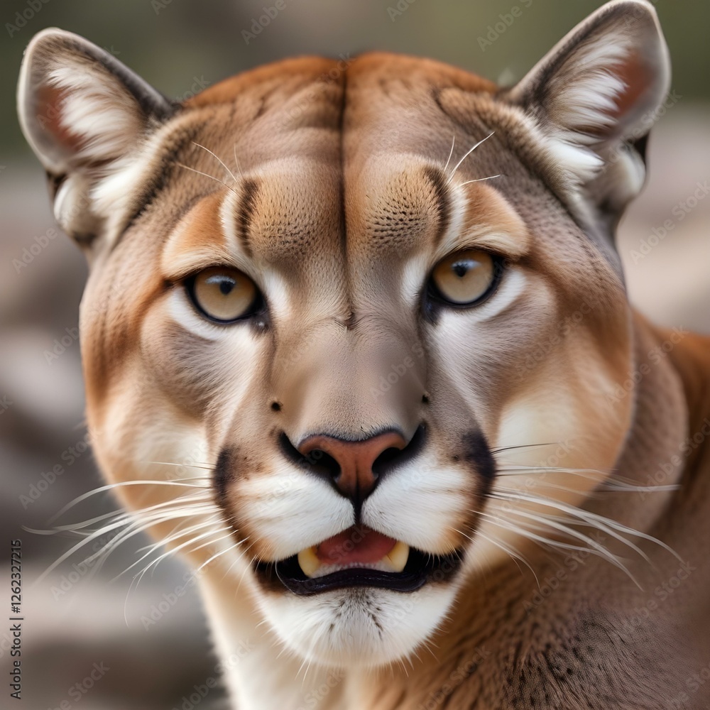 Obraz premium Wild mountain lion staring intently, showcasing fine whiskers and rugged coat texture