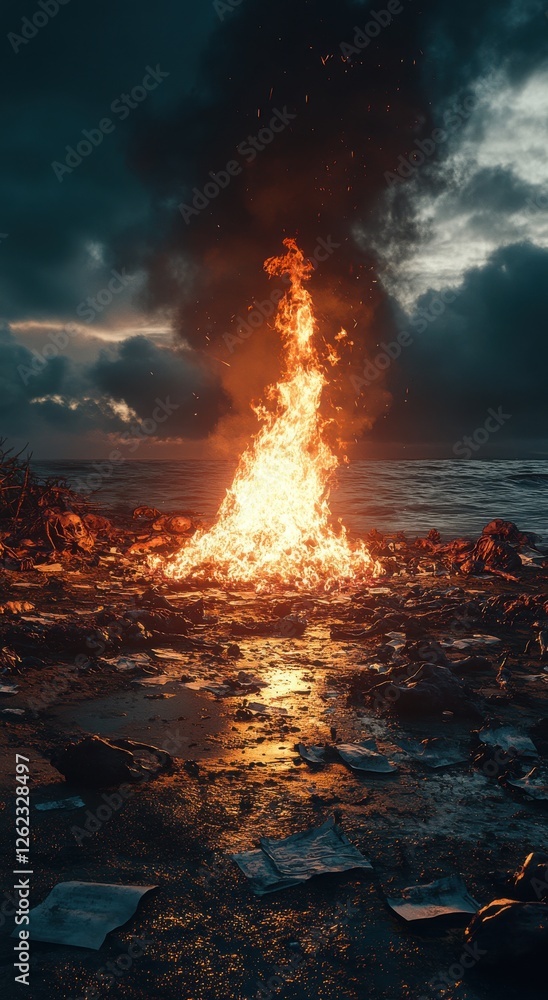 Fototapeta premium Deteriorating Environment: Bonfire of Waste Near Ocean Shore Under Dramatic Cloudy Sky, Highlighting Pollution and Environmental Concerns in Nature