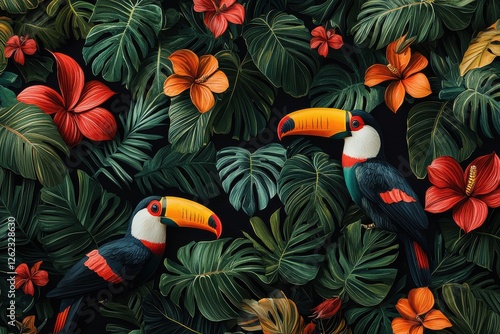 A vibrant tropical scene featuring two toucans amid lush monstera leaves and hibiscus blossoms, an exotic jungle paradise with bright summer colors and a natural theme. photo