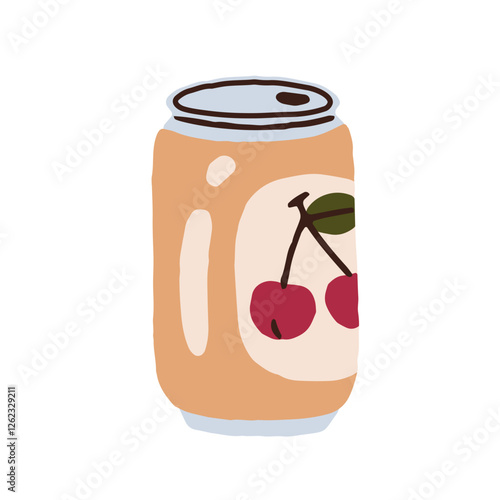 Cold soda can with cherry flavor. Refreshing sweet summer lemonade, berry fla...