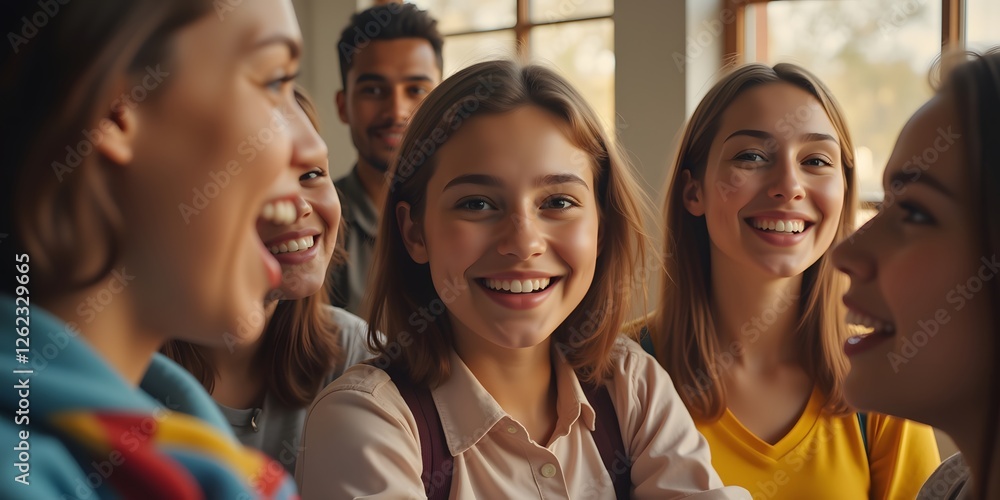 Radiant smiles, genuine laughter: A group of young friends share a joyous moment, their happiness contagious. Radiant smiles, genuine laughter: A group of young friends share a joyous moment, their happiness contagious.