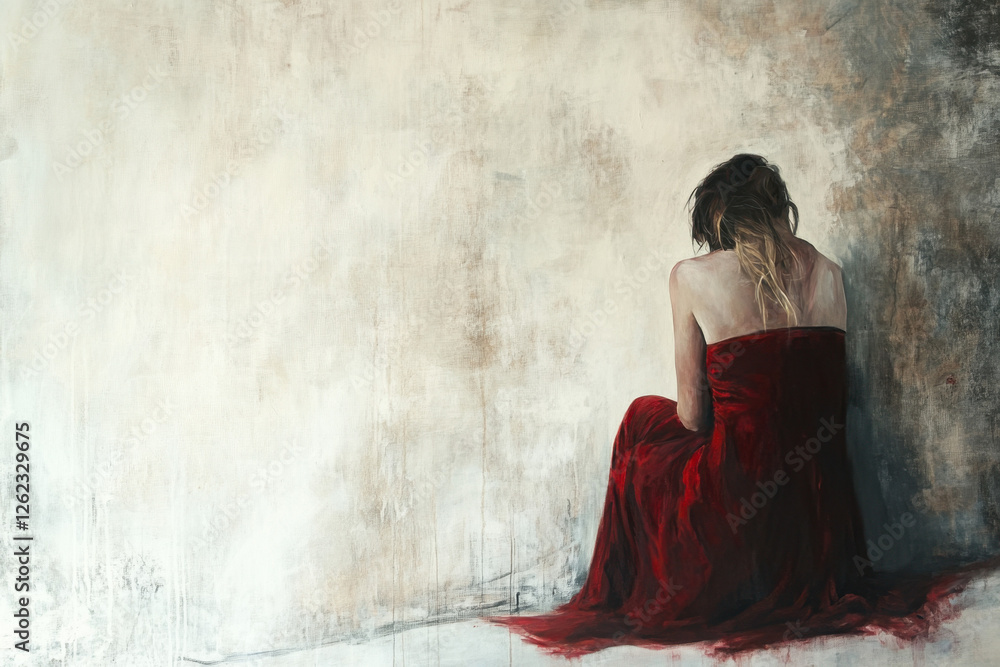 A solitary woman in a red dress sits against a textured wall, conveying a sense of introspection and solitude. A solitary woman in a red dress sits against a textured wall, conveying a sense of introspection and solitude.