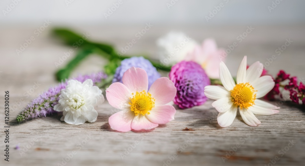 Beautiful arrangement of colorful flowers on a wooden surface Beautiful arrangement of colorful flowers on a wooden surface