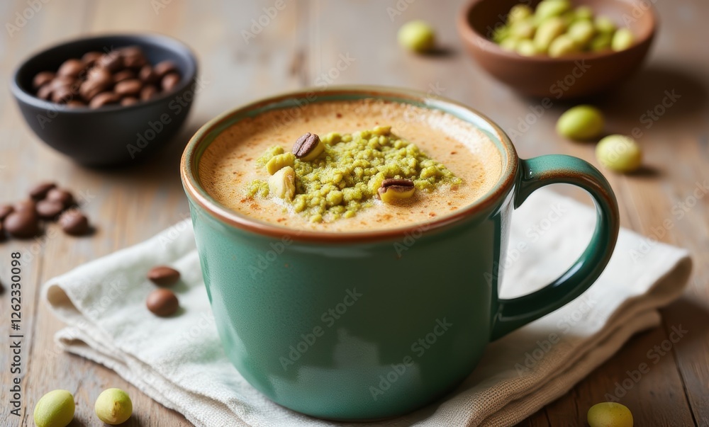 Green latte with coffee beans and nuts Green latte with coffee beans and nuts