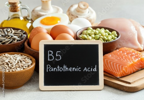 Healthy food sources rich in vitamin B5, pantothenic acid on a table