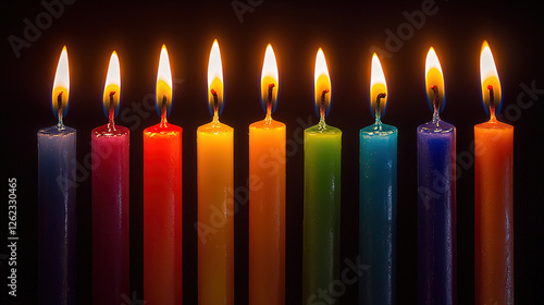 Colorful candles lit in a dark setting, creating a vibrant atmosphere during a celebration or event. Generative AI