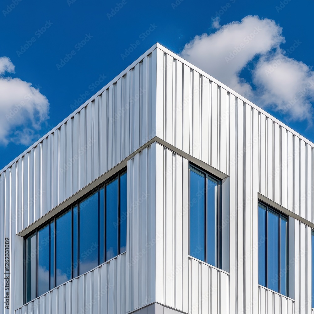 Modern White Metal Building Exterior with Blue Sky Reflection Modern White Metal Building Exterior with Blue Sky Reflection