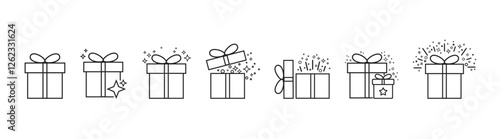Gift box for the holiday, gift boxes in flat style, surprise gift box for christmas or birthday. Set with gift in linear style. Vector illustration