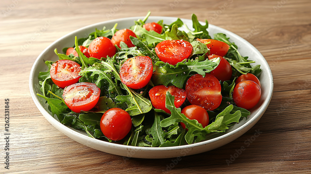 Fresh arugula salad with cherry tomatoes garnished with herbs on wooden table. Generative AI Fresh arugula salad with cherry tomatoes garnished with herbs on wooden table. Generative AI