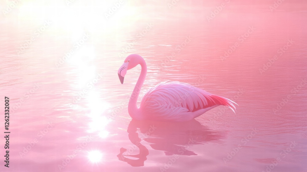 Fototapeta premium Flamingo Wading in Pink-Hued Waters