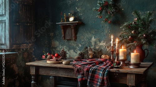 Cozy Christmas scene, rustic wooden table, candles, vintage room photo