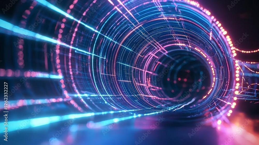 Fototapeta premium Futuristic Neon Tunnel Digital Cyberspace Abstract Background Vivid Lights