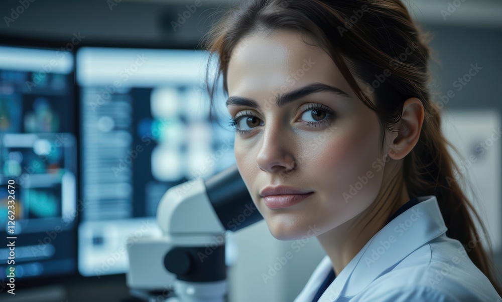 Female scientist analyzing data at microscope Female scientist analyzing data at microscope